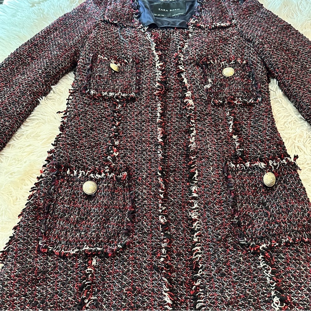 Zara Basic Tweed Longline Coat Jacket XS Black Red Fringe Bouclé - Picture 13 of 16